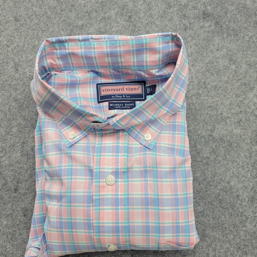 Vineyard Vines Murray Shirt Mens Large Pink Blue Check Button Down Long Sleeve - Picture 8 of 15